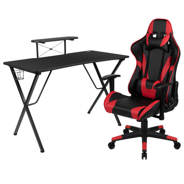 Optis Black Gaming Desk and Red/Black Reclining Gaming Chair Set with Cup Holder, Headphone Hook, and Monitor/Smartphone Stand