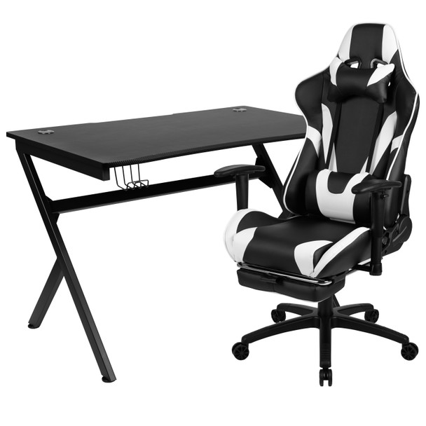 Optis Black Gaming Desk and Black Footrest Reclining Gaming Chair Set with Cup Holder, Headphone Hook & 2 Wire Management Holes