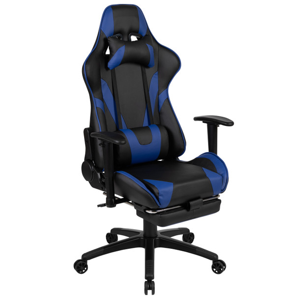 Optis Black Gaming Desk and Blue Footrest Reclining Gaming Chair Set with Cup Holder, Headphone Hook & 2 Wire Management Holes