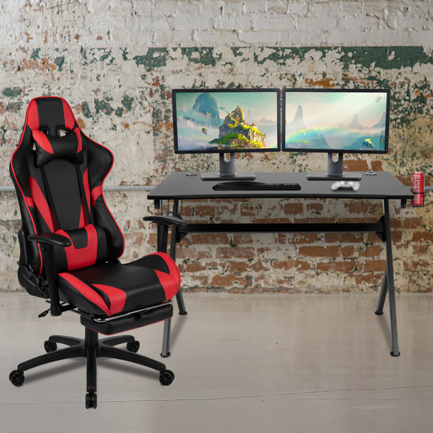 Optis Black Gaming Desk and Red/Black Footrest Reclining Gaming Chair Set with Cup Holder, Headphone Hook & 2 Wire Management Holes