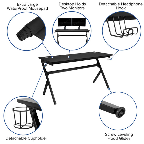 Optis Gaming Desk and Black Footrest Reclining Gaming Chair Set - Cup Holder/Headphone Hook/Removable Mouse Pad Top/Wire Management