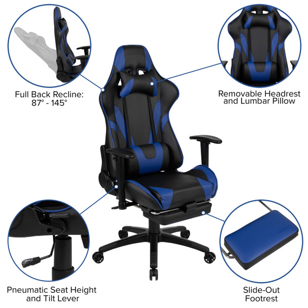 Optis Gaming Desk and Blue Footrest Reclining Gaming Chair Set - Cup Holder/Headphone Hook/Removable Mouse Pad Top/Wire Management