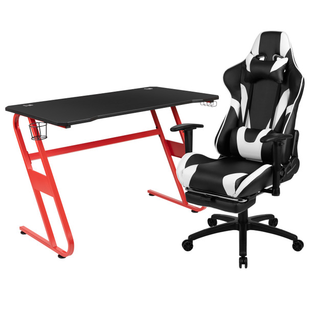 Optis Red Gaming Desk and Black Footrest Reclining Gaming Chair Set with Cup Holder and Headphone Hook