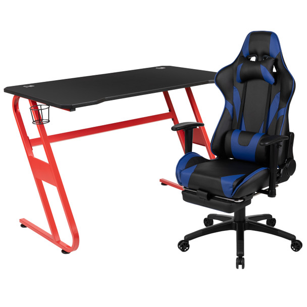 Optis Red Gaming Desk with Cup Holder/Headphone Hook & Blue Reclining Gaming Chair with Footrest