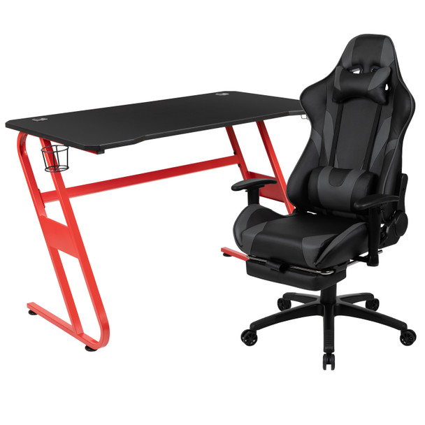 Optis Red Gaming Desk with Cup Holder/Headphone Hook & Gray Reclining Gaming Chair with Footrest