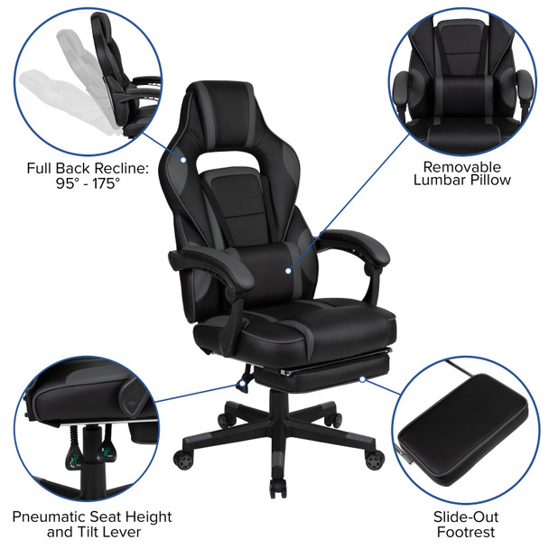 Optis Gaming Desk with Cup Holder/Headphone Hook/Removable Mousepad Top & Black Reclining Back/Arms Gaming Chair with Footrest