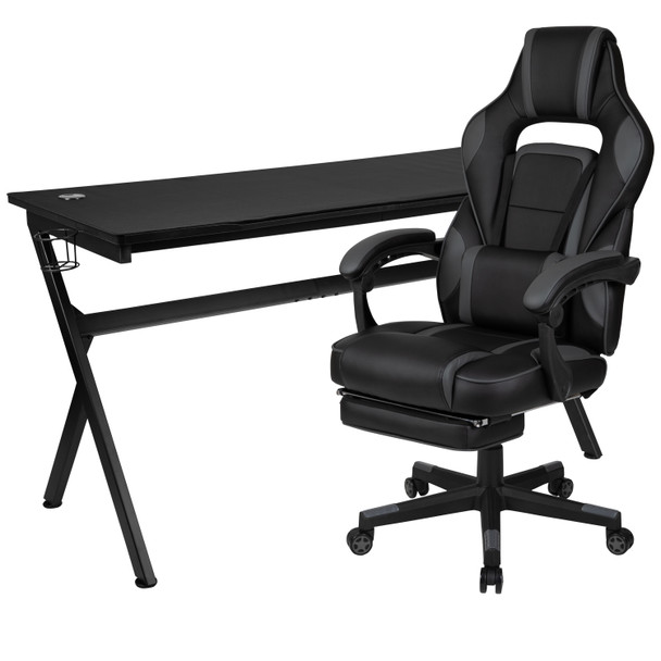 Optis Gaming Desk with Cup Holder/Headphone Hook/Removable Mousepad Top & Black Reclining Back/Arms Gaming Chair with Footrest