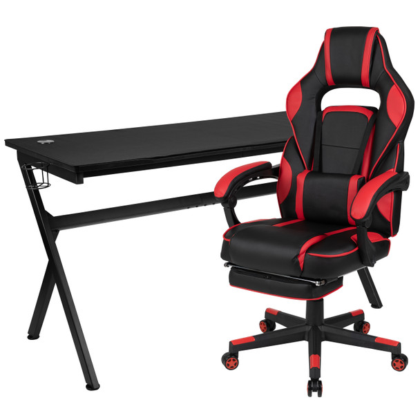 Optis Gaming Desk with Cup Holder/Headphone Hook/Removable Mousepad Top & Red Reclining Back/Arms Gaming Chair with Footrest