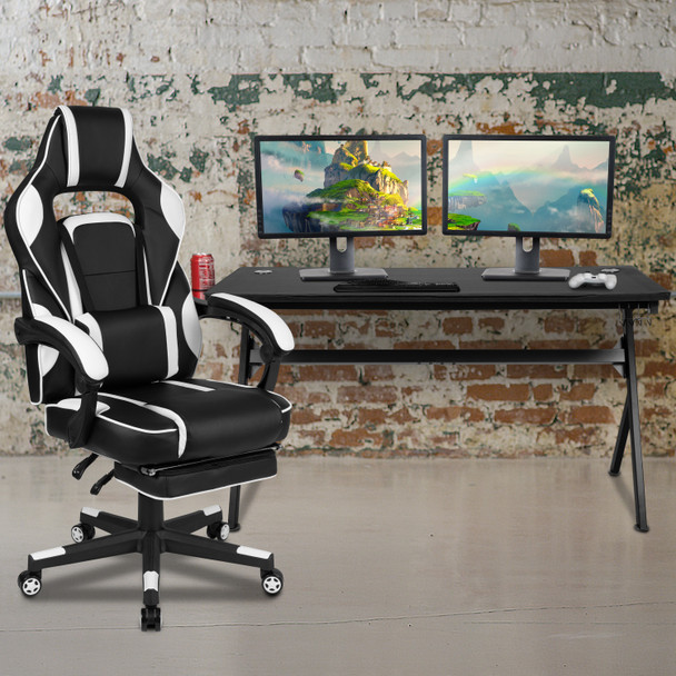 Optis Gaming Desk with Cup Holder/Headphone Hook/Removable Mousepad Top & White Reclining Back/Arms Gaming Chair with Footrest
