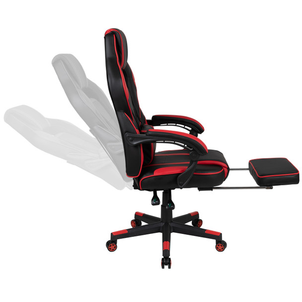 Optis Red Gaming Desk with Cup Holder/Headphone Hook & Red Reclining Back/Arms Gaming Chair with Footrest