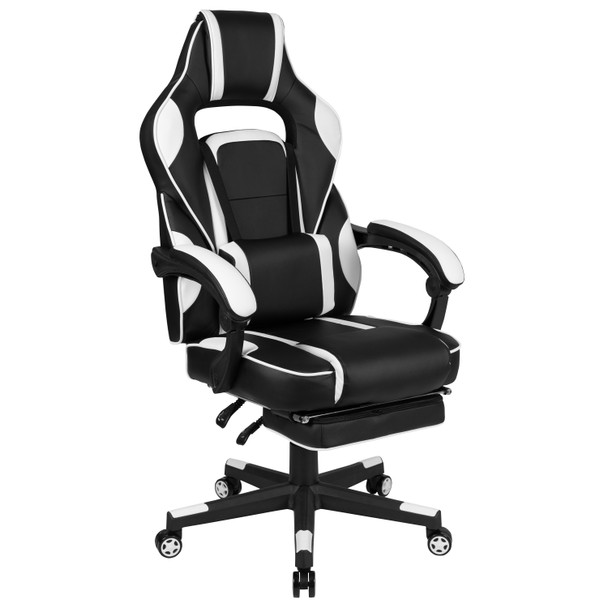 Optis Red Gaming Desk with Cup Holder/Headphone Hook & White Reclining Back/Arms Gaming Chair with Footrest