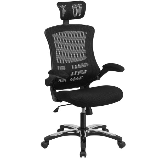 Kelista High-Back Black Mesh Swivel Ergonomic Executive Office Chair with Flip-Up Arms and Adjustable Headrest, BIFMA Certified