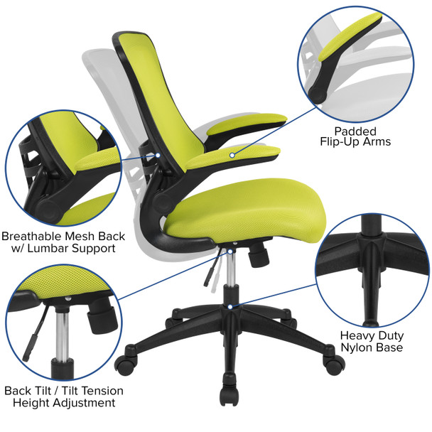 Kelista Mid-Back Green Mesh Swivel Ergonomic Task Office Chair with Flip-Up Arms