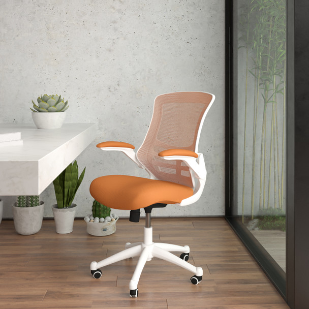 Kelista Mid-Back Tan Mesh Swivel Ergonomic Task Office Chair with White Frame and Flip-Up Arms