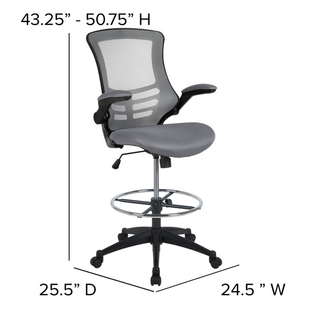 Kelista Mid-Back Dark Gray Mesh Ergonomic Drafting Chair with Adjustable Foot Ring and Flip-Up Arms