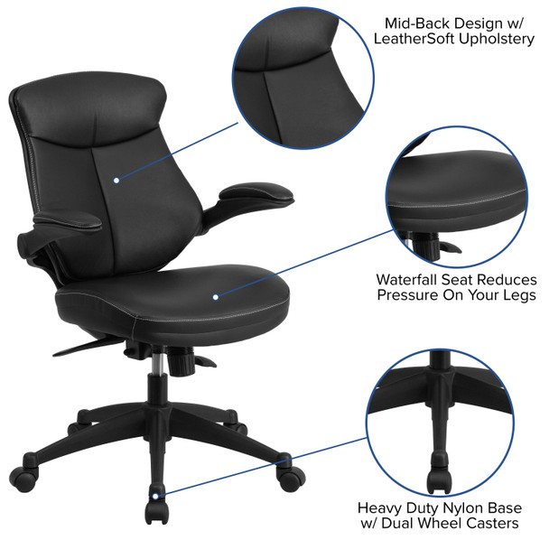 Kale Mid-Back Black LeatherSoft Executive Swivel Ergonomic Office Chair with Back Angle Adjustment and Flip-Up Arms