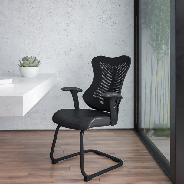 Kale Designer Black Mesh Sled Base Side Reception Chair with Adjustable Arms