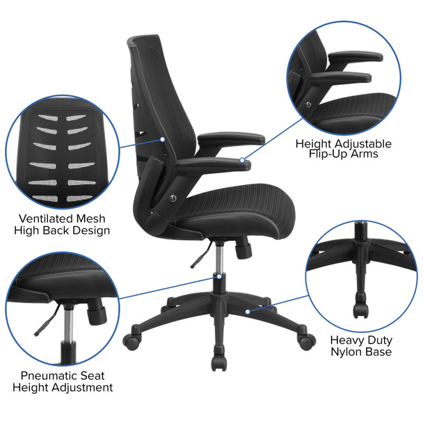 Kale High Back Designer Black Mesh Executive Swivel Ergonomic Office Chair with Height Adjustable Flip-Up Arms