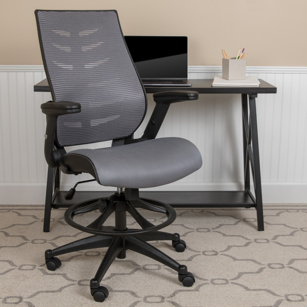 Kale High Back Dark Gray Mesh Spine-Back Ergonomic Drafting Chair with Adjustable Foot Ring and Adjustable Flip-Up Arms