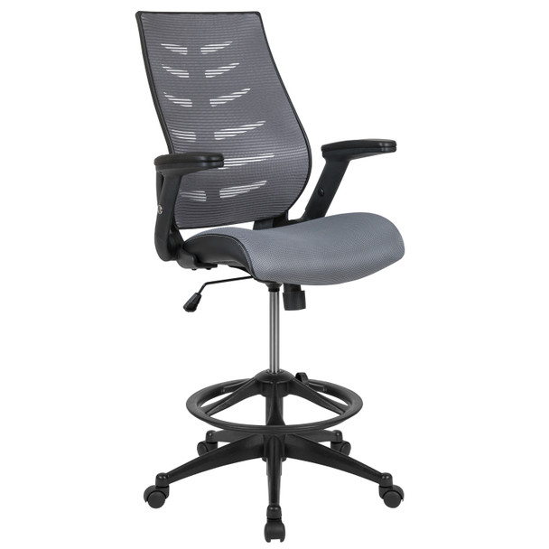 Kale High Back Dark Gray Mesh Spine-Back Ergonomic Drafting Chair with Adjustable Foot Ring and Adjustable Flip-Up Arms