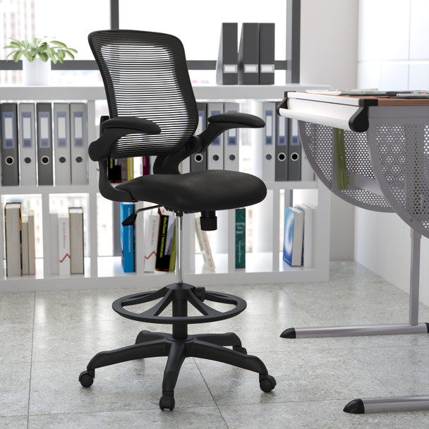 Kale Mid-Back Black Mesh Ergonomic Drafting Chair with Adjustable Foot Ring and Flip-Up Arms