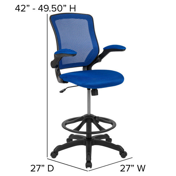 Kale Mid-Back Blue Mesh Ergonomic Drafting Chair with Adjustable Foot Ring and Flip-Up Arms