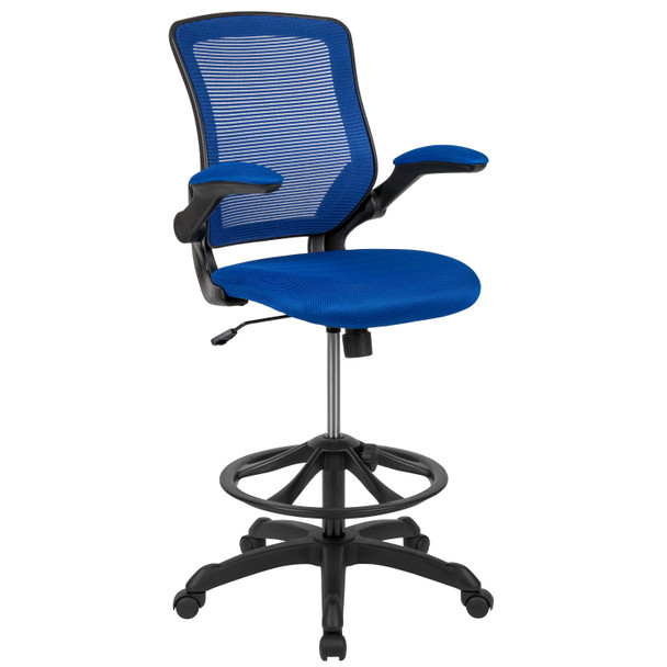 Kale Mid-Back Blue Mesh Ergonomic Drafting Chair with Adjustable Foot Ring and Flip-Up Arms