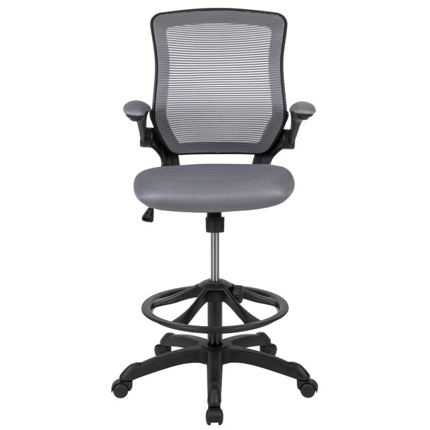 Kale Mid-Back Dark Gray Mesh Ergonomic Drafting Chair with Adjustable Foot Ring and Flip-Up Arms