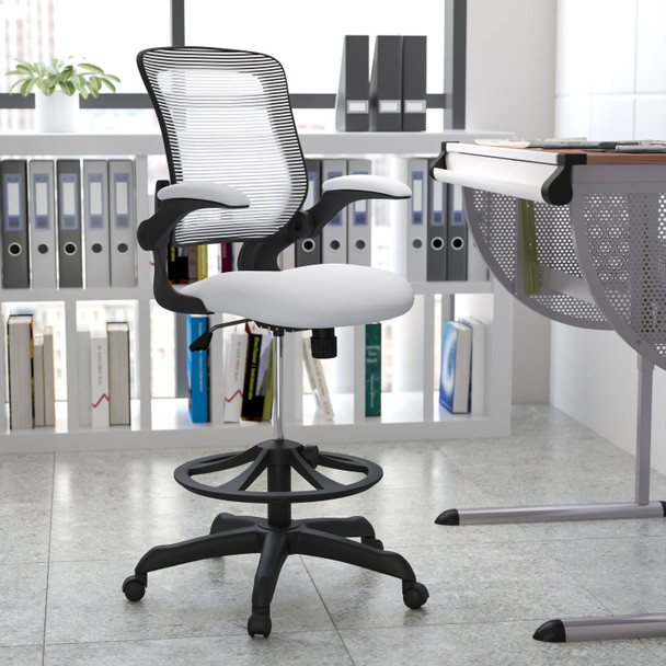 Kale Mid-Back White Mesh Ergonomic Drafting Chair with Adjustable Foot Ring and Flip-Up Arms