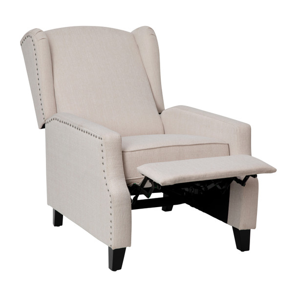 Prescott Traditional Style Slim Push Back Recliner Chair-Wingback Recliner with Cream Fabric Upholstery-Accent Nail Trim