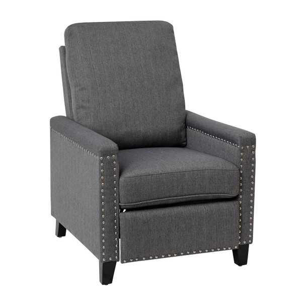 Carson Transitional Style Push Back Recliner Chair - Pillow Back Recliner - Gray Fabric Upholstery - Accent Nail Trim