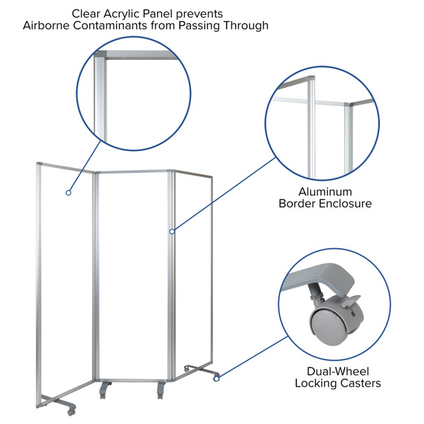 Raisley Transparent Acrylic Mobile Partition with Lockable Casters, 72"H x 24"L (3 Sections Included)