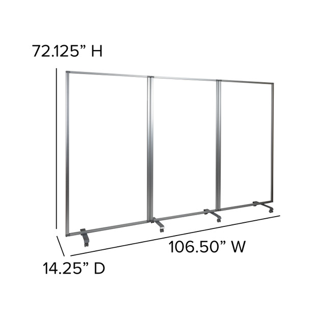 Raisley Transparent Acrylic Mobile Partition with Lockable Casters, 72"H x 36"L (3 Sections Included)