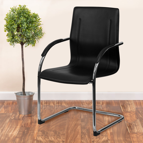 Valrico Black Vinyl Side Reception Chair with Chrome Sled Base