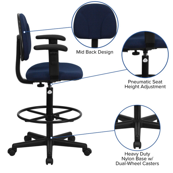Bruce Navy Blue Patterned Fabric Drafting Chair with Adjustable Arms (Cylinders: 22.5''-27''H or 26''-30.5''H)