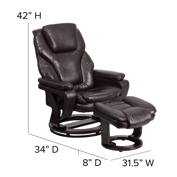 Austin Contemporary Multi-Position Recliner and Ottoman with Swivel Mahogany Wood Base in Brown LeatherSoft