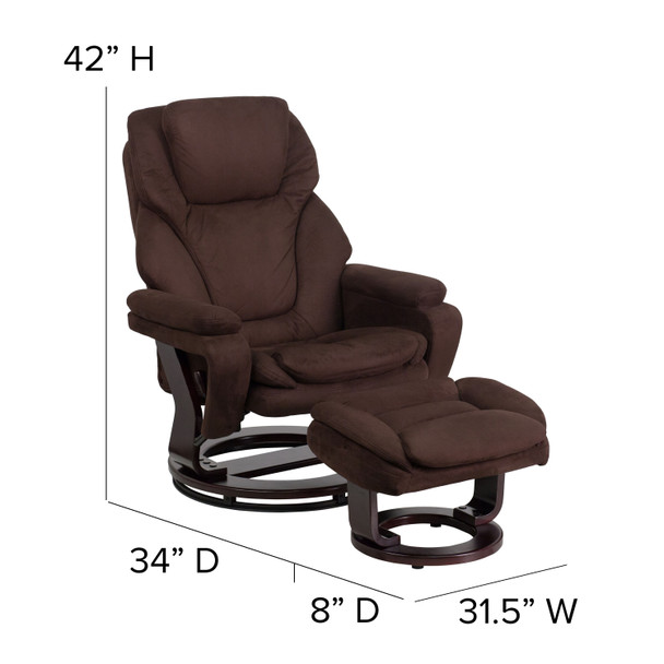 Austin Contemporary Multi-Position Recliner and Ottoman with Swivel Mahogany Wood Base in Brown Microfiber