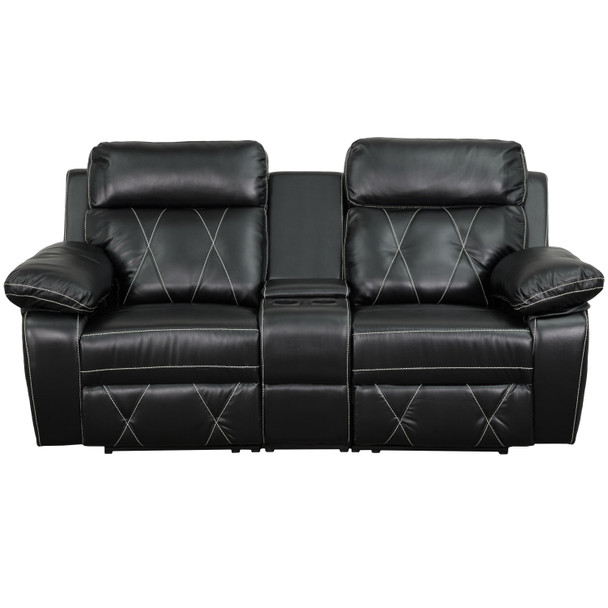 Reel Comfort Series 2-Seat Reclining Black LeatherSoft Theater Seating Unit with Straight Cup Holders