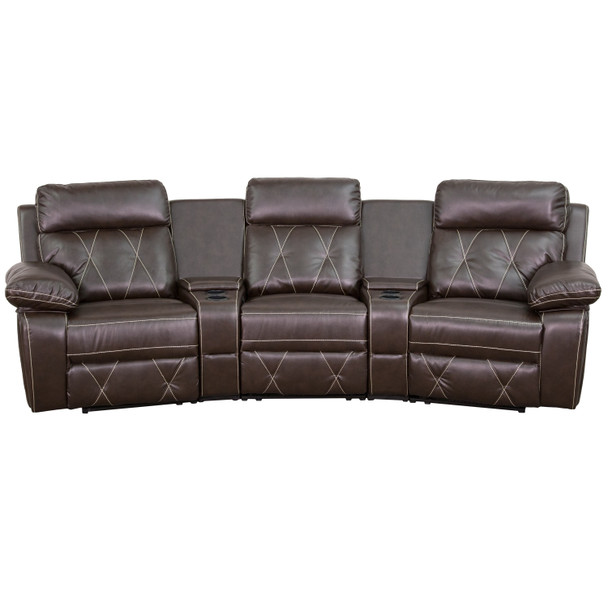 Reel Comfort Series 3-Seat Reclining Brown LeatherSoft Theater Seating Unit with Curved Cup Holders