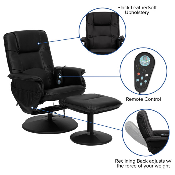 Cason Massaging Adjustable Recliner with Deep Side Pockets and Ottoman with Wrapped Base in Black LeatherSoft