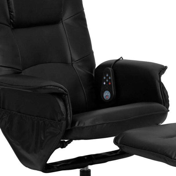 Cason Massaging Adjustable Recliner with Deep Side Pockets and Ottoman with Wrapped Base in Black LeatherSoft