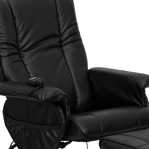 Hall Massaging Heat Controlled Adjustable Recliner and Ottoman with Wrapped Base in Black LeatherSoft