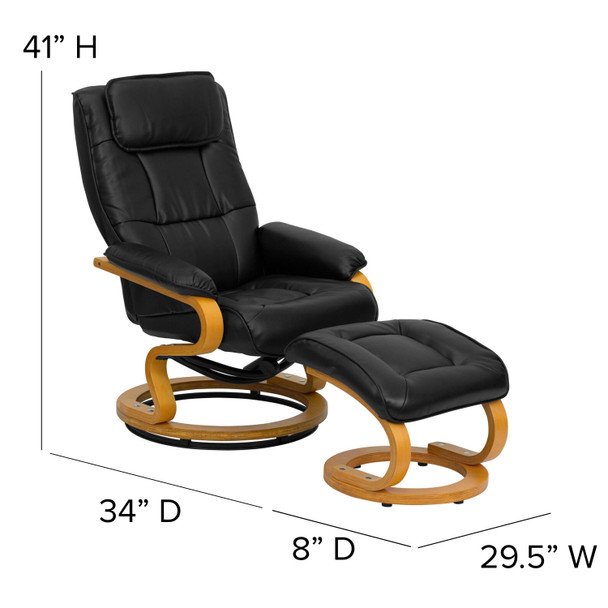 Davies Contemporary Adjustable Recliner and Ottoman with Swivel Maple Wood Base in Black LeatherSoft