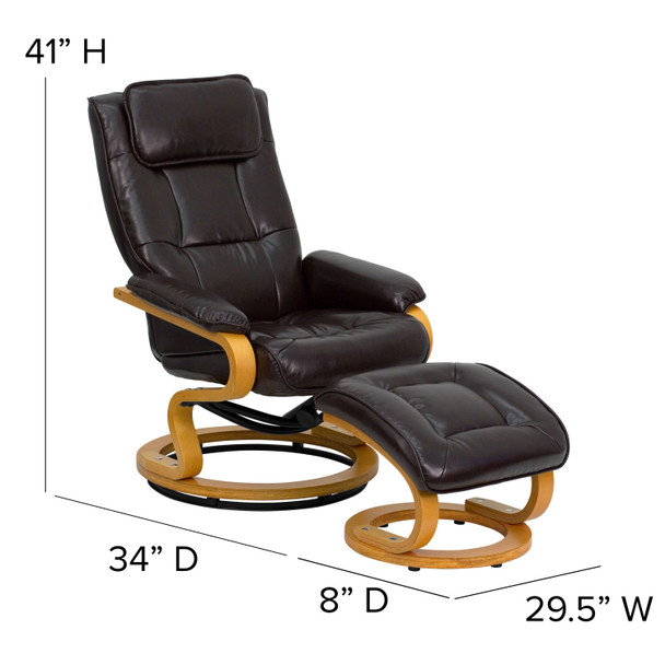 Davies Contemporary Adjustable Recliner and Ottoman with Swivel Maple Wood Base in Brown LeatherSoft