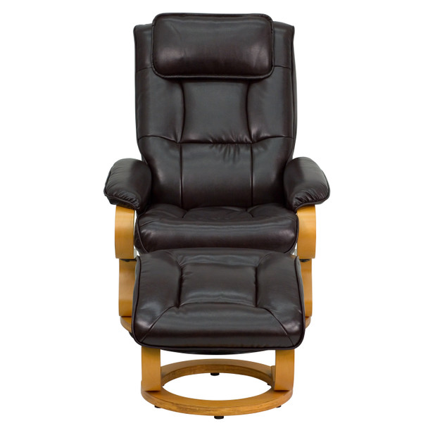 Davies Contemporary Adjustable Recliner and Ottoman with Swivel Maple Wood Base in Brown LeatherSoft