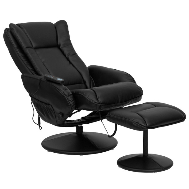 Poppy Massaging Multi-Position Plush Recliner with Side Pocket and Ottoman in Black LeatherSoft