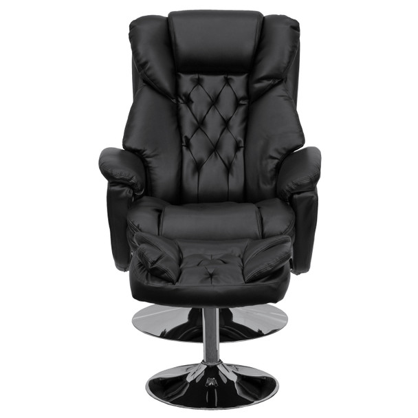 Wills Transitional Multi-Position Recliner and Ottoman with Chrome Base in Black LeatherSoft