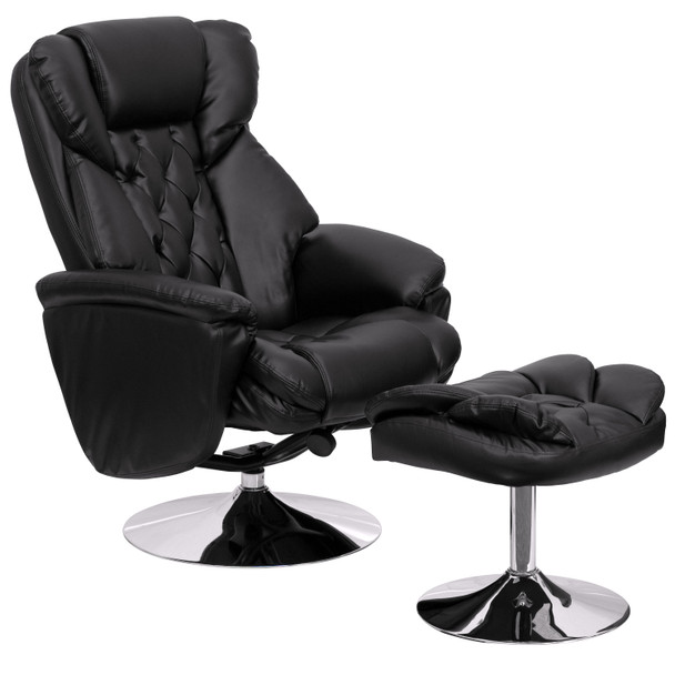 Wills Transitional Multi-Position Recliner and Ottoman with Chrome Base in Black LeatherSoft