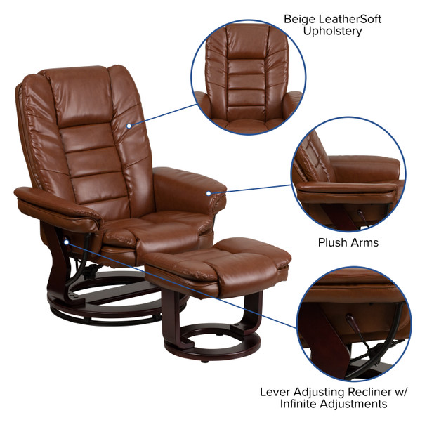 Bali Contemporary Multi-Position Recliner with Horizontal Stitching and Ottoman with Swivel Mahogany Wood Base in Brown Vintage Leather