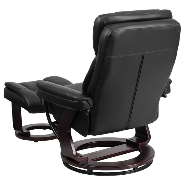 Allie Contemporary Multi-Position Recliner and Curved Ottoman with Swivel Mahogany Wood Base in Black LeatherSoft